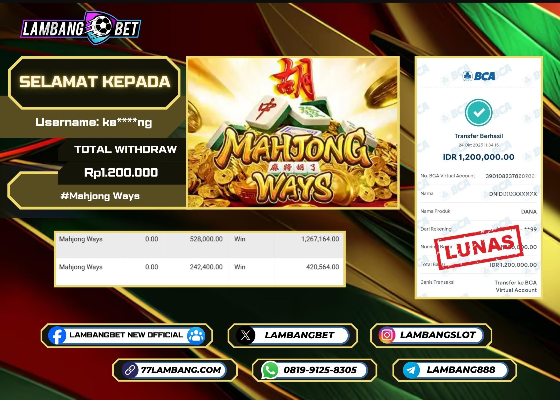 LAMBANGBET [24 OKTOBER 2025] JACKPOT SLOT Mahjong Ways "Rp1.200.000" LUNAS